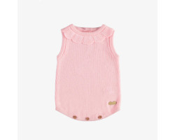 Ribbed knit one piece with wide straps and pink crochet collar, newborn