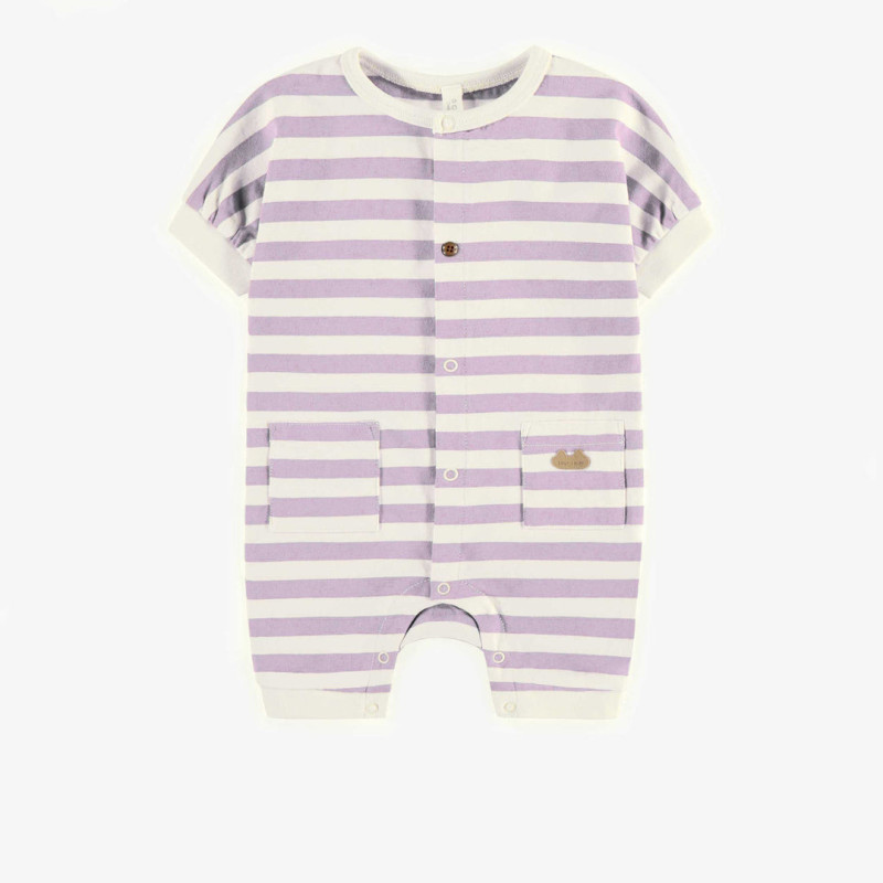 One-piece purple pyjama lined in organic jersey, newborn