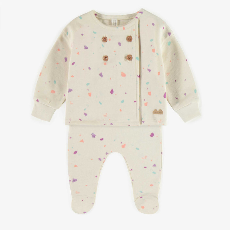 Cream two-piece pajama with a multicolored pattern in French terry, newborn