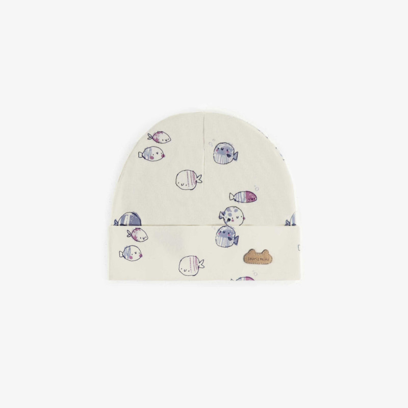 Cream hat with blue and purple fish print in organic cotton, newborn