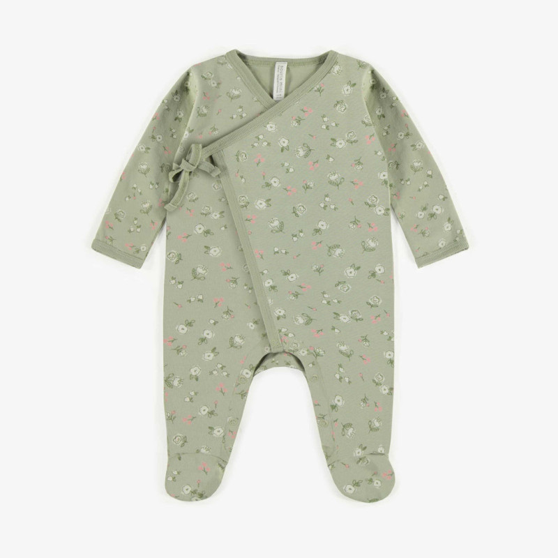 Light green pajama with pink flowers in organic cotton, newborn