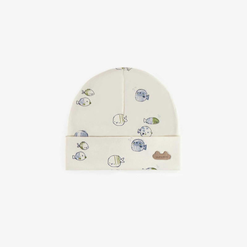 Cream hat with blue and green fish print in organic cotton, newborn