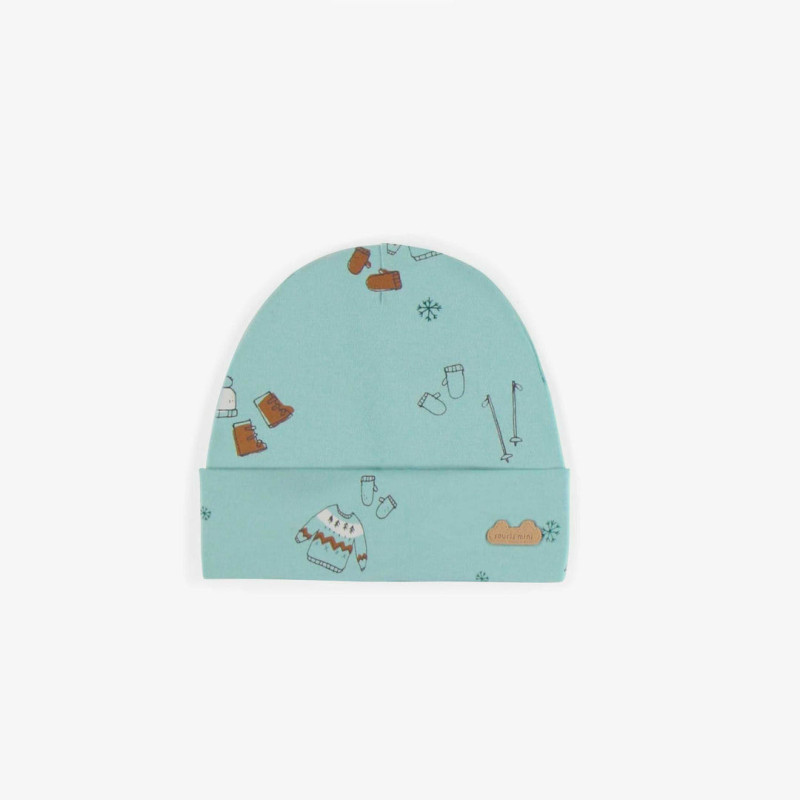 Light blue hat with a skiing theme in organic cotton, newborn