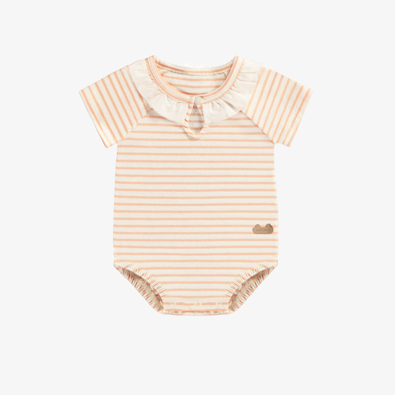 Pink bodysuit with stripes and a collar in organic cotton, newborn