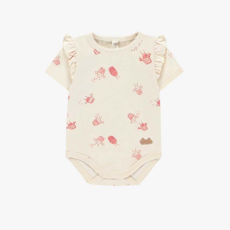 Cream bodysuit with a crayfish print and short sleeves in organic jersey, newborn