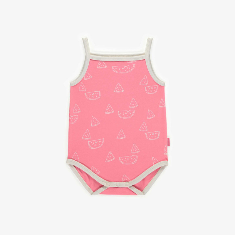 Pink bodysuit with watermelon and thin straps in stretch jersey, baby