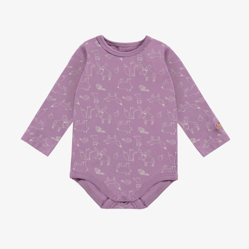 Purple bodysuit with long sleeves and a animals print in stretch jersey, baby