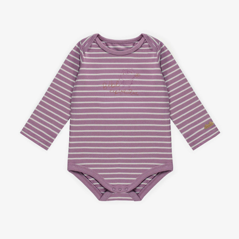Purple and cream striped bodysuit with long sleeves in stretch jersey, baby