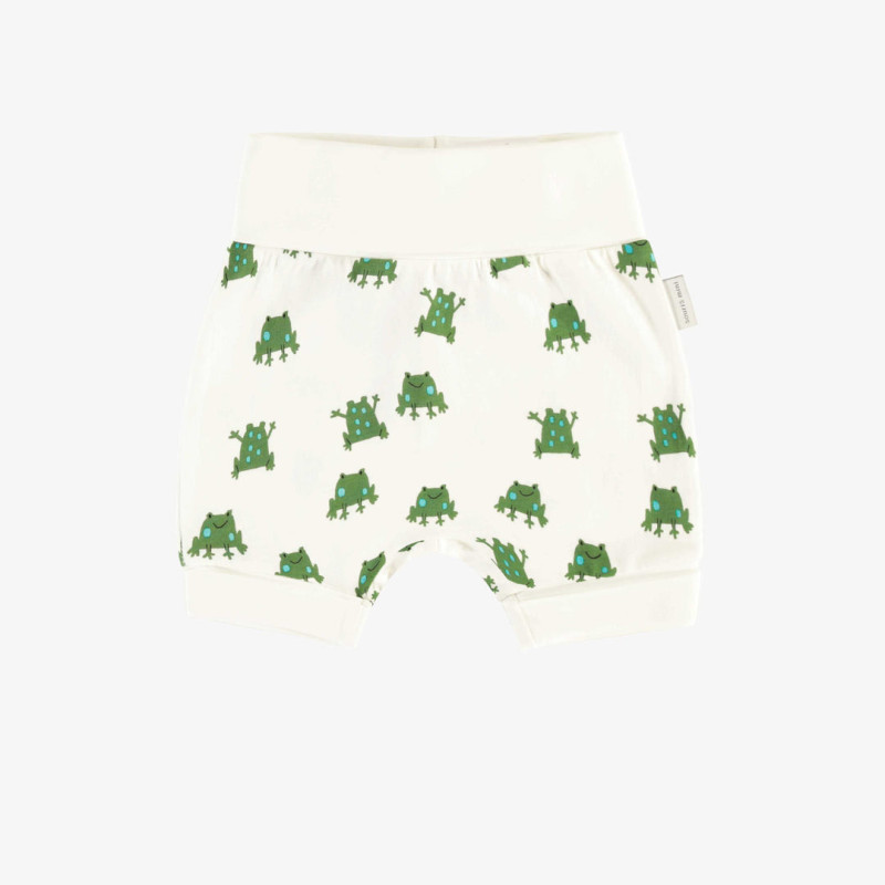 Cream evolutive shorts with green frog all over print in soft jersey, baby
