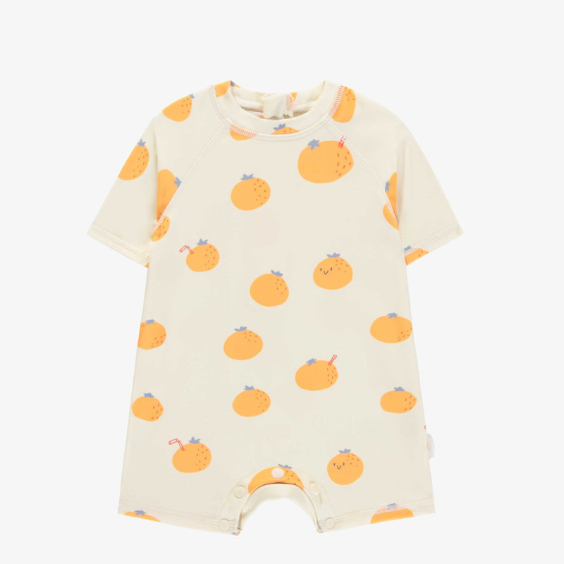 Cream short-sleeved one-piece swimsuit with orange print, baby