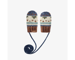 Cream and navy knitted mittens with a jacquard print and a cord, baby