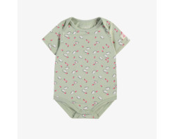 Sage green short-sleeved bodysuit with strawberry and cup all over print, in stretch jersey, baby