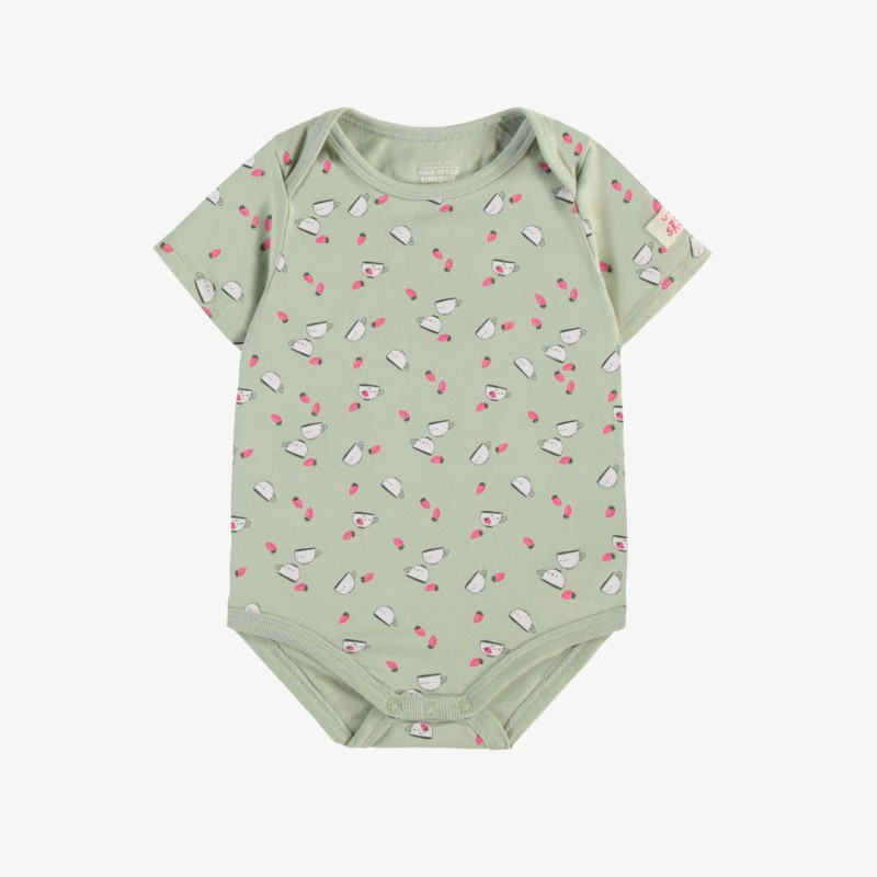 Sage green short-sleeved bodysuit with strawberry and cup all over print, in stretch jersey, baby