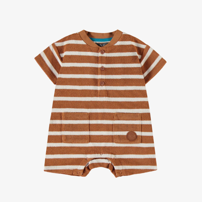 Caramel and cream striped one-piece with an henley collar in terry, baby