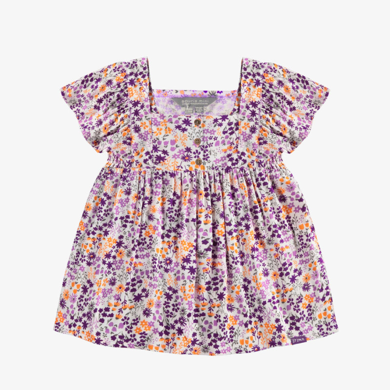 Purple flowery dress with short sleeves in viscose, baby