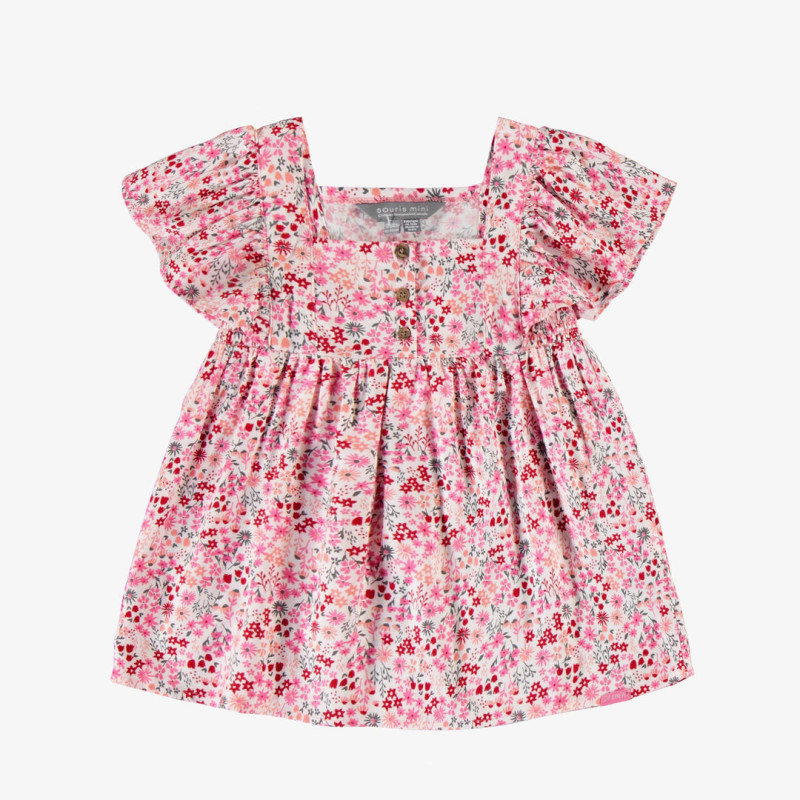 Pink flowery dress with short sleeves in viscose, baby