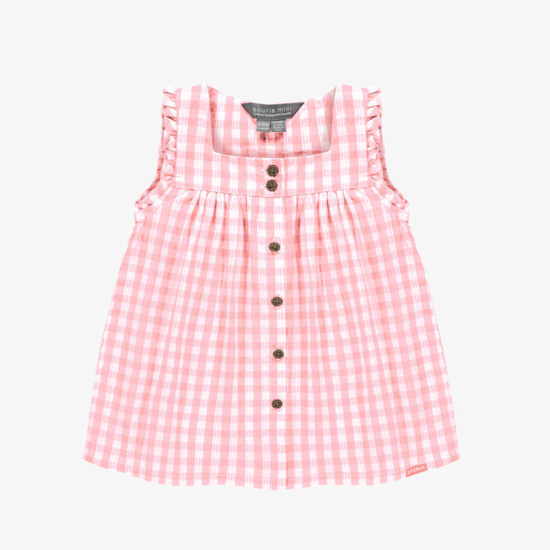 Pink and white checkered dress with large straps in seersucker, baby
