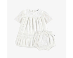 Cream short sleeves flared dress with matching bloomer in embroidered cotton veil, baby