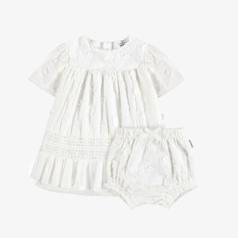 Cream short sleeves flared dress with matching bloomer in embroidered cotton veil, baby