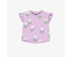Loose-fitting lilac t-shirt with tulip all over print in stretch jersey, baby