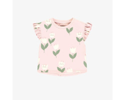 Loose-fitting pink t-shirt with tulip all over print in stretch jersey, baby
