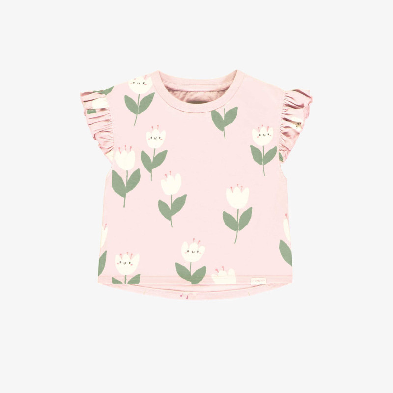 Loose-fitting pink t-shirt with tulip all over print in stretch jersey, baby