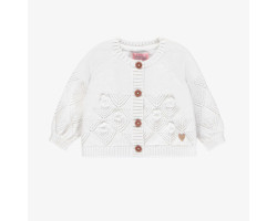 Loose-fitting white pointel knit vest with 3D appliqué of crocheted flowers, baby