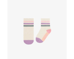 White socks with pink, purple and green color blocks, baby