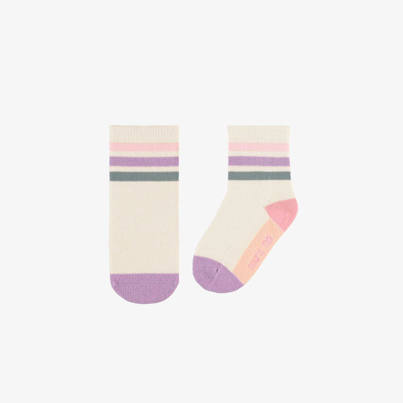 White socks with pink, purple and green color blocks, baby