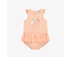 Peach one piece swimsuit with an illustration of flowerpot, baby