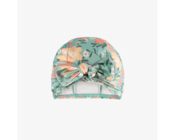 Blue, green and pink swimming cap with flowery print and a bow, baby