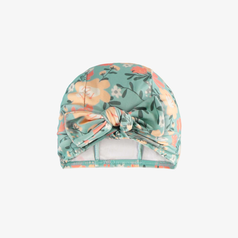 Blue, green and pink swimming cap with flowery print and a bow, baby