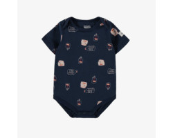 Navy short-sleeved bodysuit with boat-in-a-bottle all over print, in stretch jersey, baby
