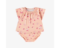 Two-piece peach pyjamas with strawberry and jam all over print in soft polyester, baby