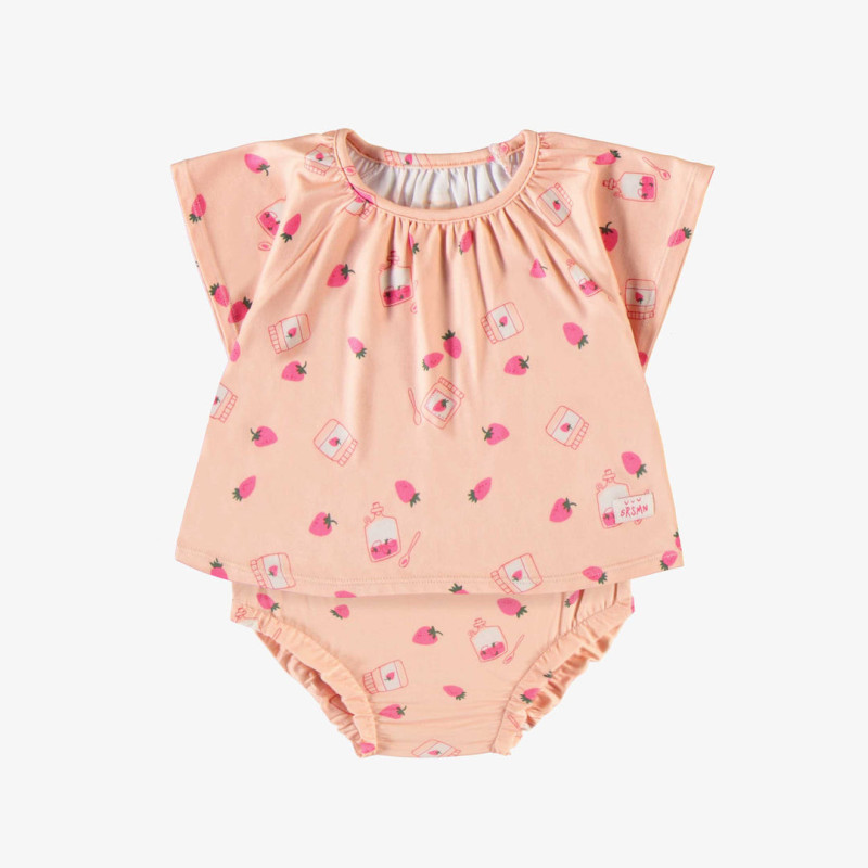 Two-piece peach pyjamas with strawberry and jam all over print in soft polyester, baby