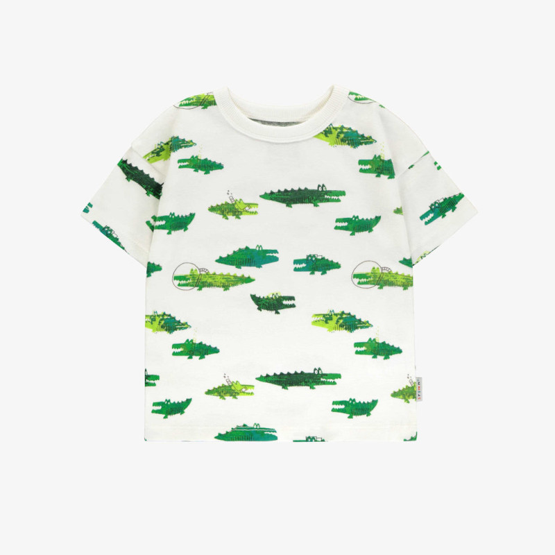 Loose-fitting white t-shirt with crocodile all over print in soft jersey, baby