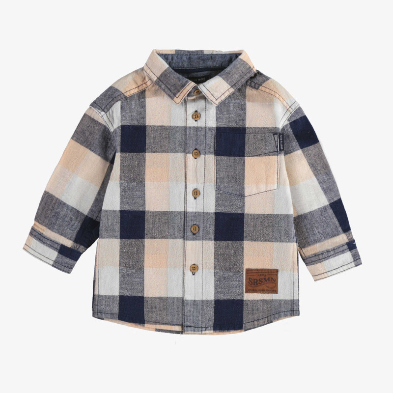 Orange and navy plaid long sleeves shirt in linen and cotton, baby