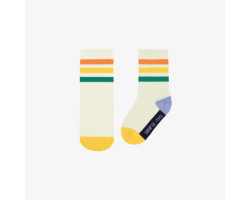 White socks with yellow, blue and green color blocks, baby