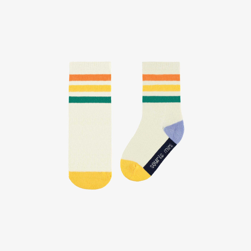 White socks with yellow, blue and green color blocks, baby