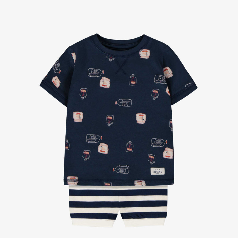 Two-piece navy pyjamas with ship-in-a-bottle all over print in soft cotton bottle, baby.