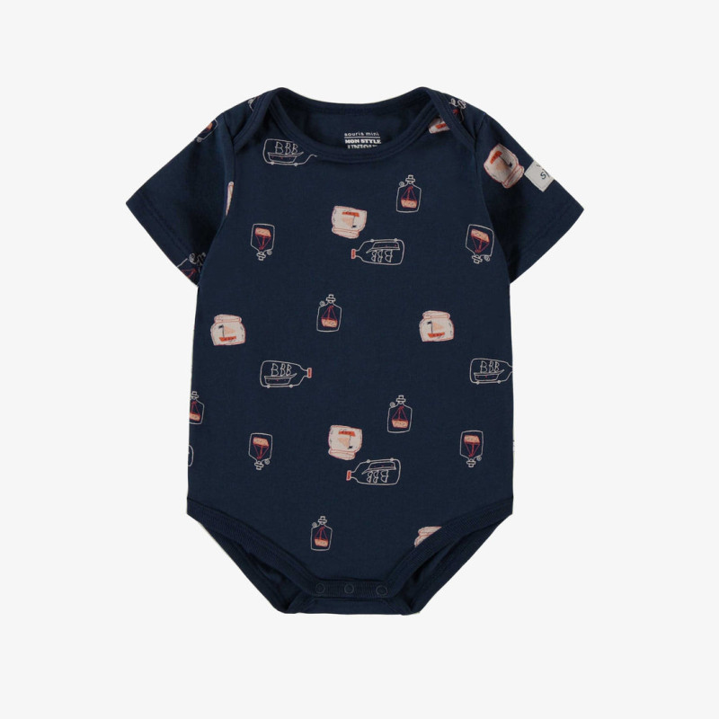 Navy short-sleeved bodysuit with boat-in-a-bottle all over print, in stretch jersey, baby