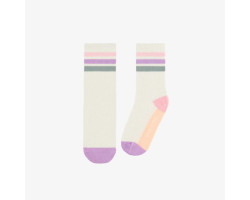 White socks with pink, purple and green color blocks, child