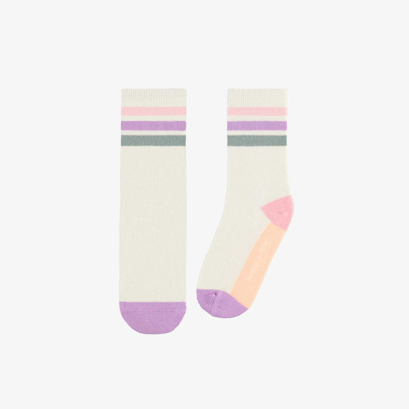 White socks with pink, purple and green color blocks, child