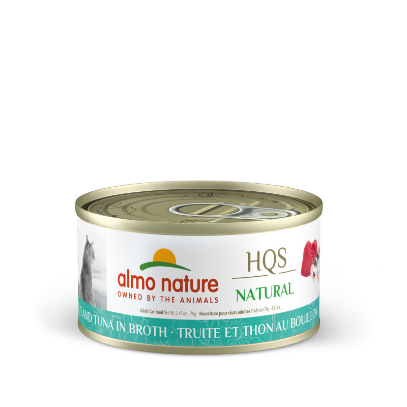 Trout and tuna in broth for adult cats…