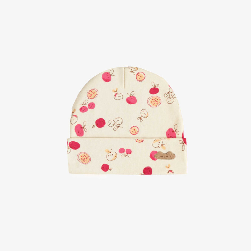 Cream bonnet with cherries print in ribbed knit organic cotton, newborn