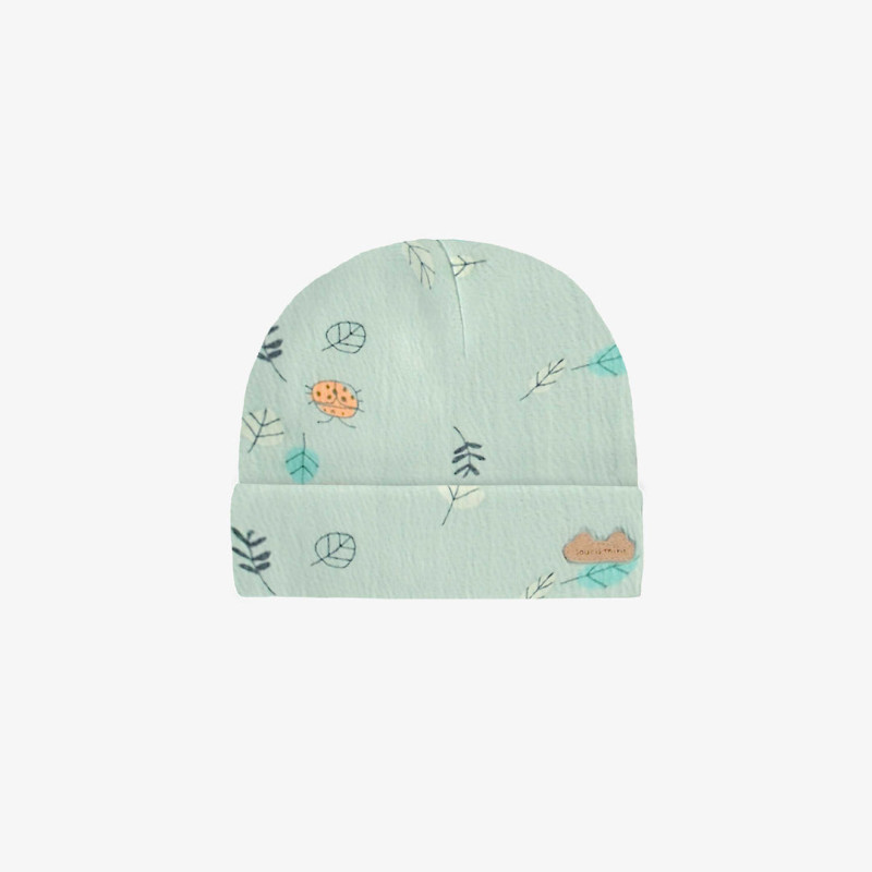 Light green beanie with print in organic jersey, newborn