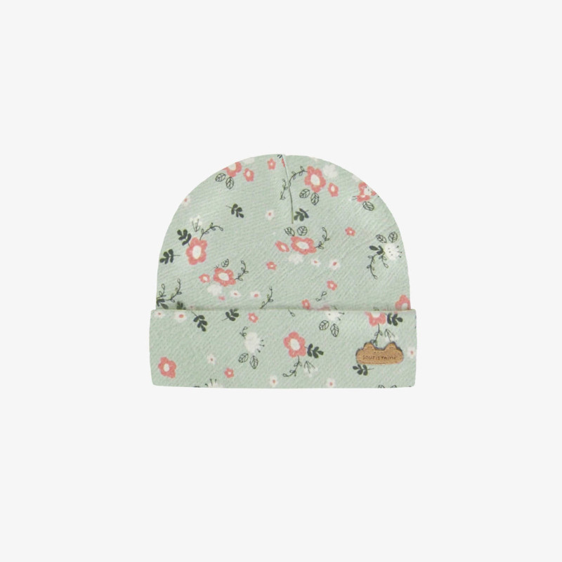 Light green floral beanie in organic cotton, newborn