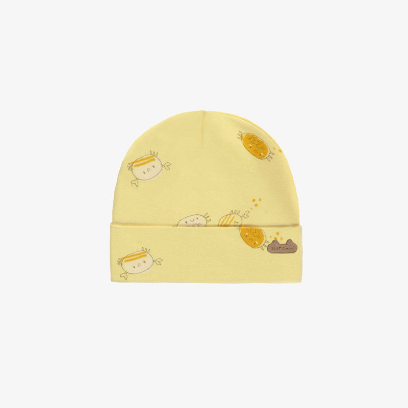 Light yellow hat with crabs print in organic jersey, newborn