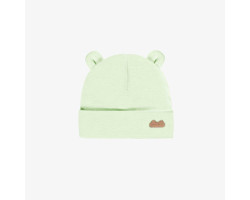 Green and cream thin striped beanie in organic cotton, newborn