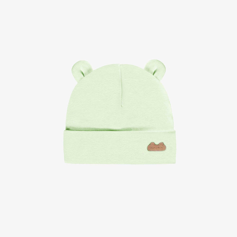 Green and cream thin striped beanie in organic cotton, newborn